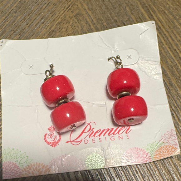 Premier Designs Bright Red Double Bead Drop Earrings (BR7776) - Picture 2 of 4